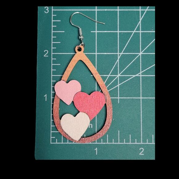 Valentines Day Earrings Pink Red Wooden Hearts Dangle Teardrop‎ Gift for Her - Picture 3 of 3